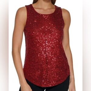 DNKY size XL red sequined crewneck sleeveless tank top.